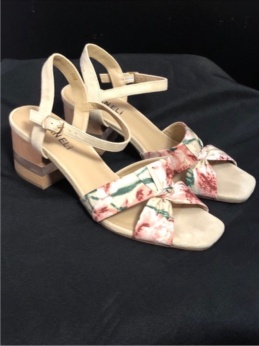 Vaneli Beige Floral Knot Block Heel Sandals